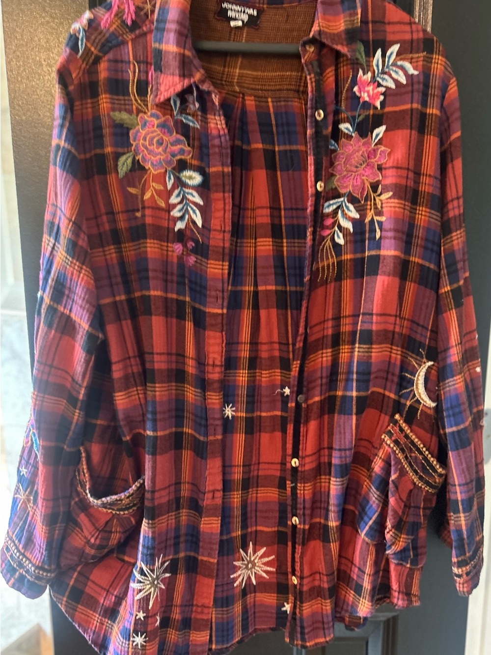 Johnny Was Red and Navy Plaid Embroidered Button-Up Shirt